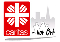 Logo der Caritas vor Häusersilhouette